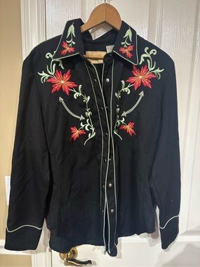 Scully Black Western Shirt with Red Floral Embroidery